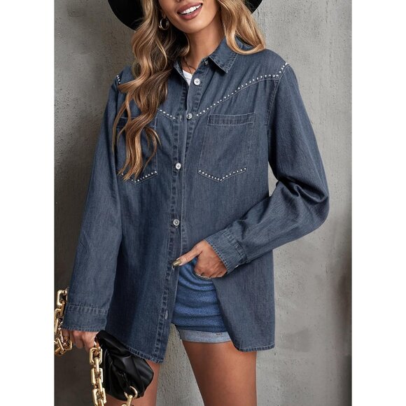 Women's Denim Shirt Long Sleeve Button Down V Neck Denim Jacket Ashleigh Blue - Picture 2 of 5